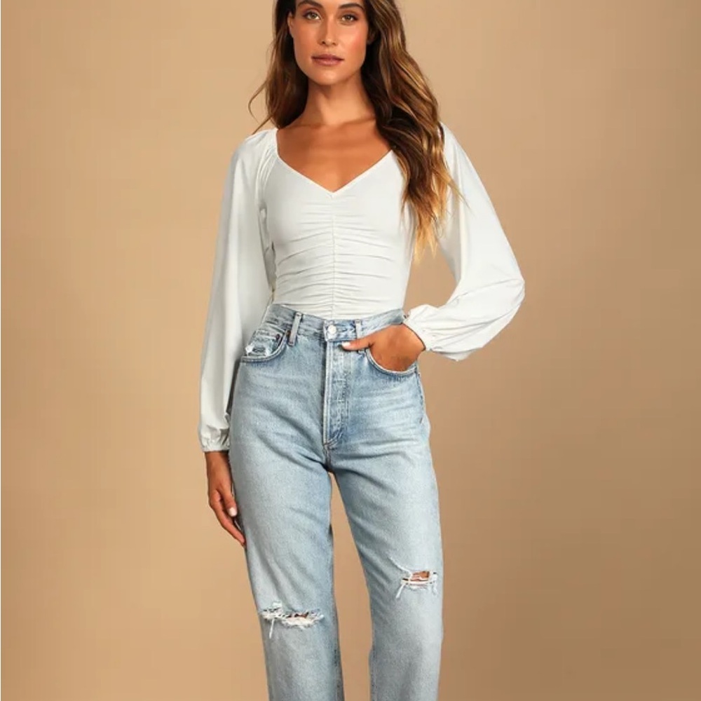 Certified Flirt White Ruched Long Sleeve Bodysuitt